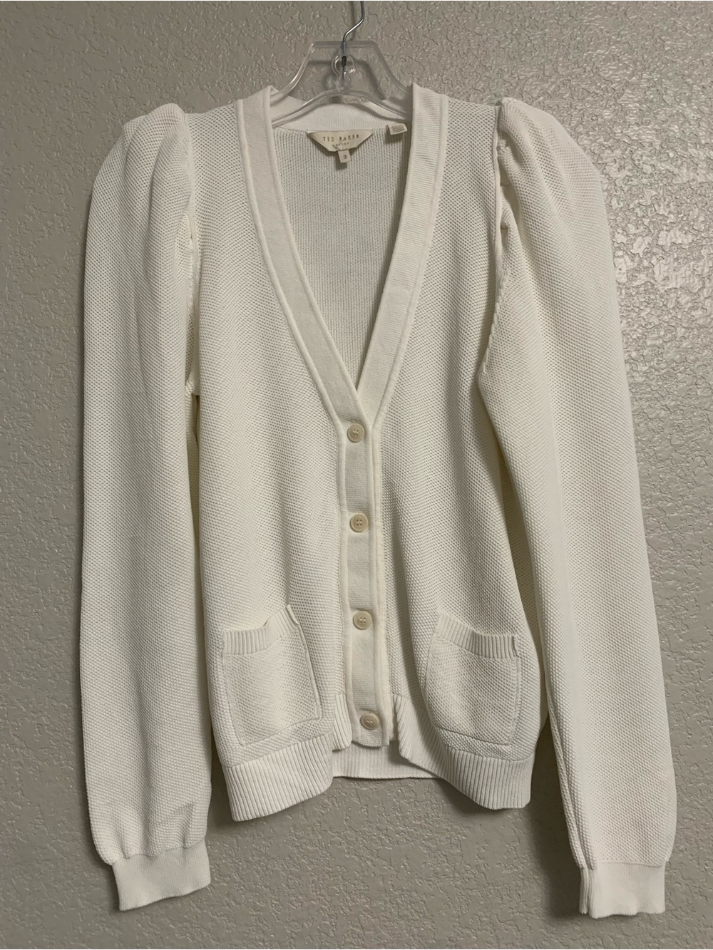 Ted Baker Cardigan Sweater Womens 3/M Kimbaly Puff Sleeve Button Pockets Preppy